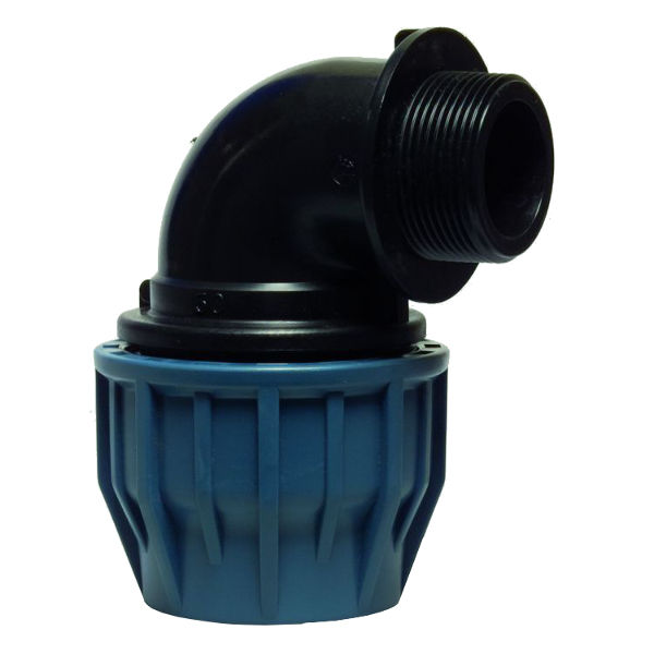 Afbeeldingen van Knie PE 90° + buitendraad 32mm x 1/2"