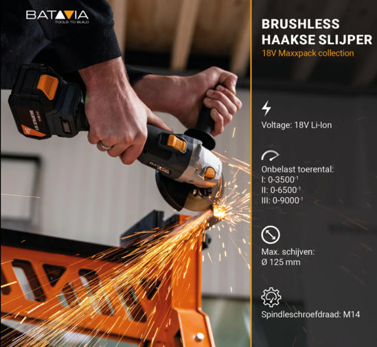 Afbeeldingen van Maxxpack 18V accu haakseslijper 125mm Brushles(body) Batavia