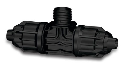 Afbeeldingen van T-stuk 90°PP 16 mm q.j x1/2"bu.dr 6bar zwart v.bevloeiingssl