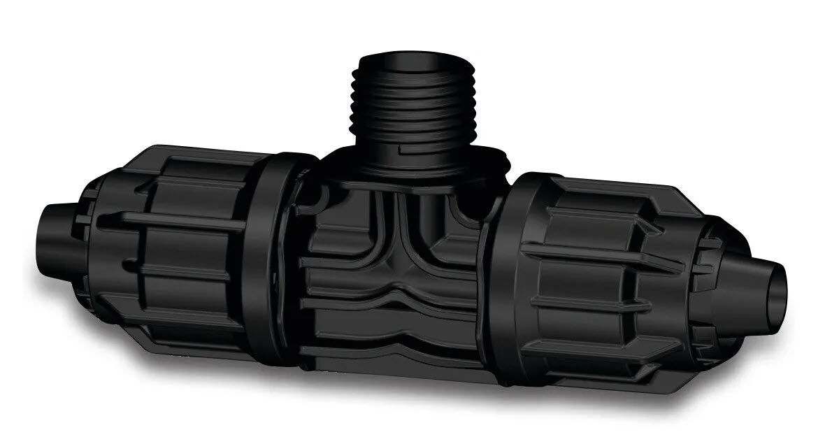 Afbeeldingen van T-stuk 90°PP 16 mm q.j x3/4"bu.dr 6bar zwart v.bevloeiingssl