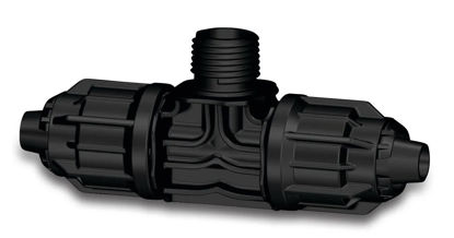 Afbeeldingen van T-stuk 90°PP 16 mm q.j x3/4"bu.dr 6bar zwart v.bevloeiingssl